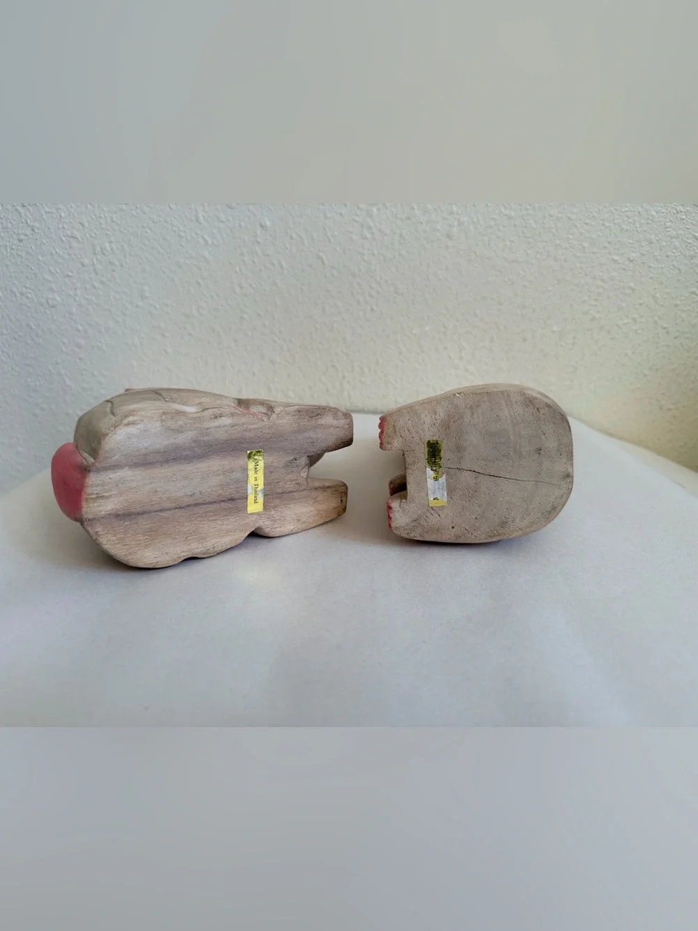 Vintage Thai Wooden Rabbit Hare Figurines Pair Hand Carved Painted 1980s 1990s